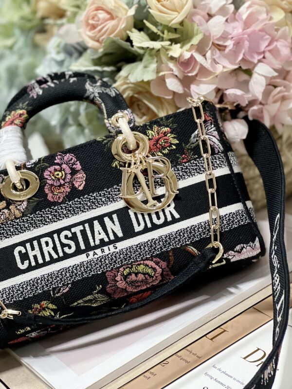 Dior Medium Lady D-Joy Embroidered Handbag - Black Flowers - Image 3