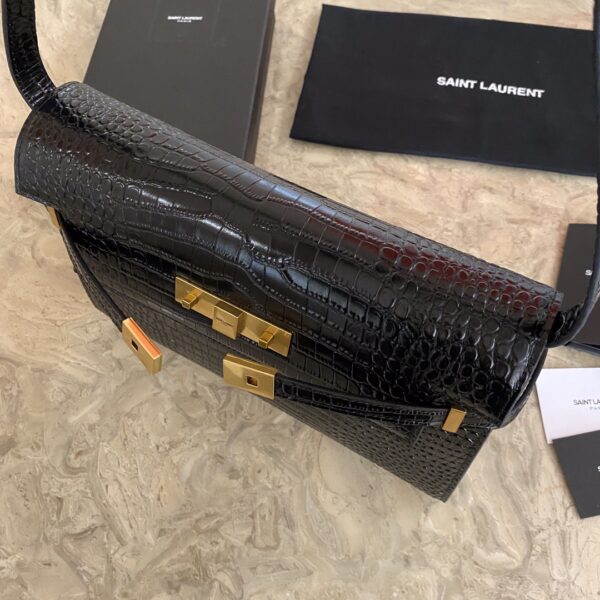 YSL Small Crocodile Flap Baguette Bag - Black - Image 4